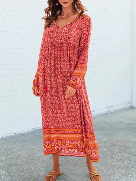 

Orange Long Sleeve Printed V Neck Shift Boho Maxi Dress, Dresses
