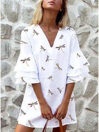 

Mezza Manica Scollo a V Floreale Abito, Bianco, Summer dresses