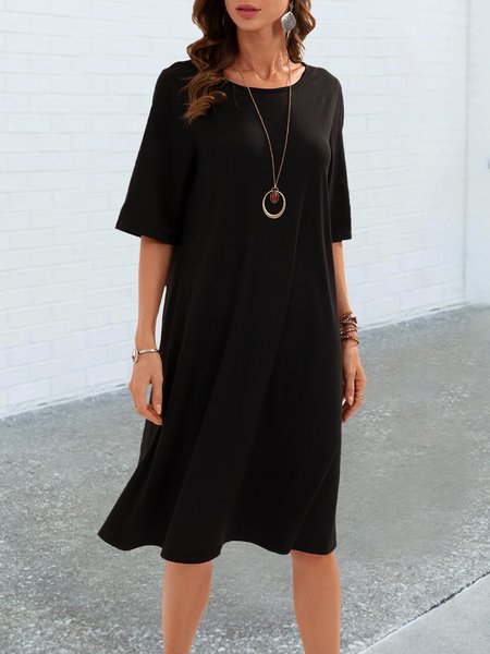 Midi Abito a Girocollo, Nero, Midi Dresses
