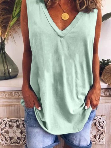 

zolucky Gray V Neck Casual Cotton-Blend Plain T-shirt, Blue, Tank Top