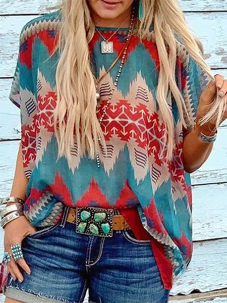 

Women Printed Short Sleeve Vintage Casual Blouses, Red blue, Shirts & Blouses