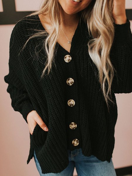 

Maglione Nero Dritto Scollo a V Maniche Lunghe Abbottonato Cardigan, Sweater