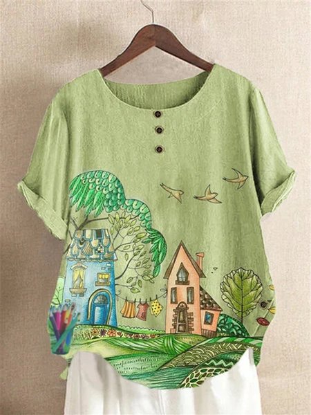 

Top Stampato Floreale Vintage di Misto Cotone, Verde, Blouses & Shirts