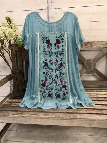 

Top a O-collo Casuale di Cotone, Blu, Blouses & Shirts