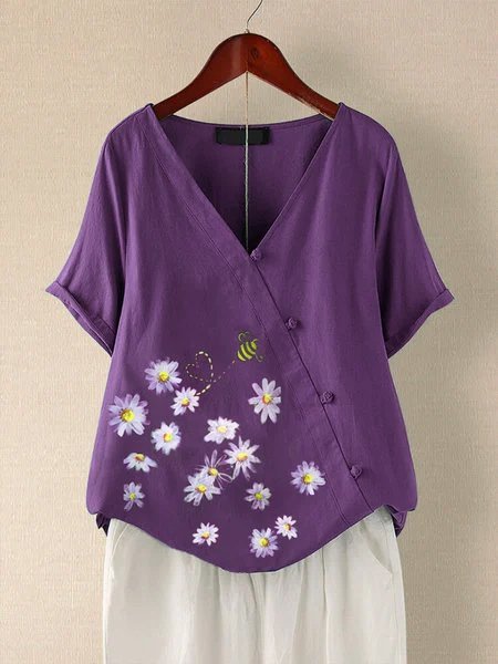 T-Shirt Floreale Stampato Casuale di Misto Cotone, Viola, Blouses & Shirts