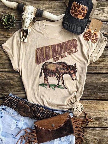 

Vintage Short Sleeve Boho Cattle Letter Printed Plus Size Casual Tops, Khaki, Auto-Clearance