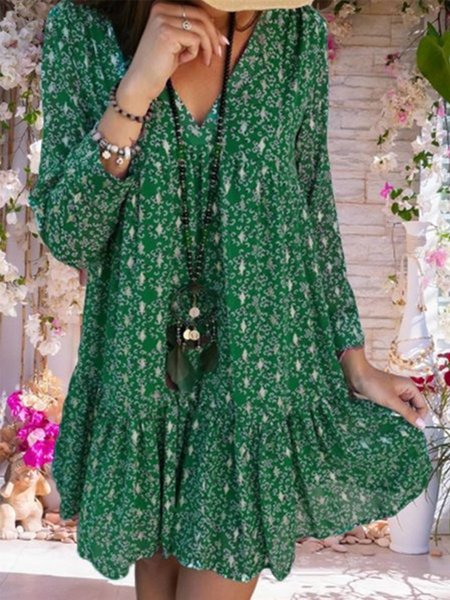 

Mini Abito Casuale Stampata Floreale Scollo a V Chiffone, Verde, Dresses