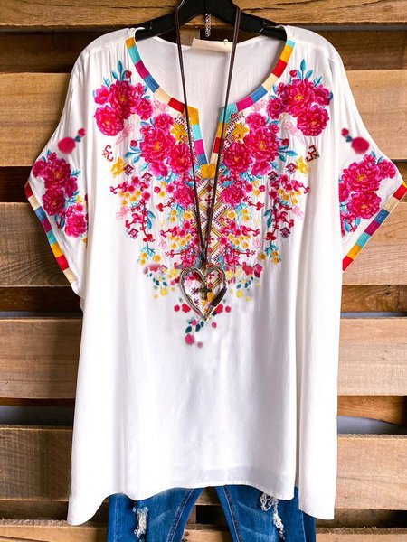 

Top con Scollo a V Casuale di Cotone, Bianco, T-Shirts
