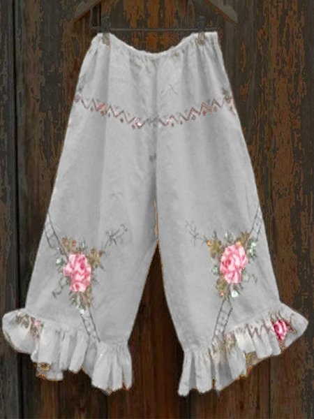 Donna Casuale Floreale Pantaloni, Grigio, Pants
