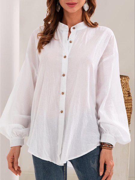 

White Solid Long Sleeve Shift Blouse, Tops