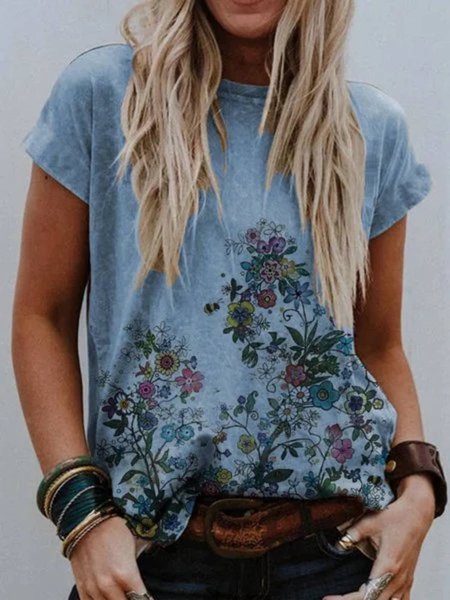

T-Shirt a Girocollo Stampato Floreale, Blu, T-Shirts