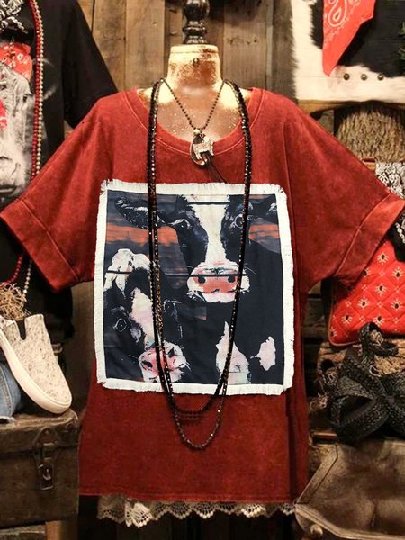 

Red Printed Crew Neck Vintage T-shirt, Email discount