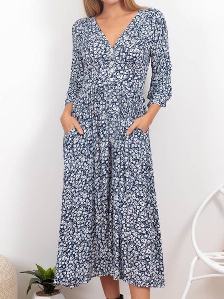 

Blue Printed V Neck 3/4 Sleeve Weaving Dress, Dresses