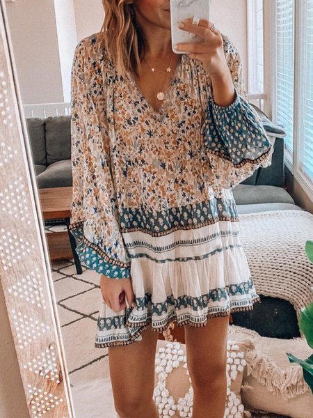 

Abito con Scollo a V Stampato, Bianco, Mini Dresses