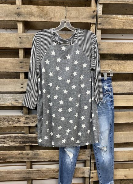 

Star Stripe Long Sleeve Top, Gray, T-shirts