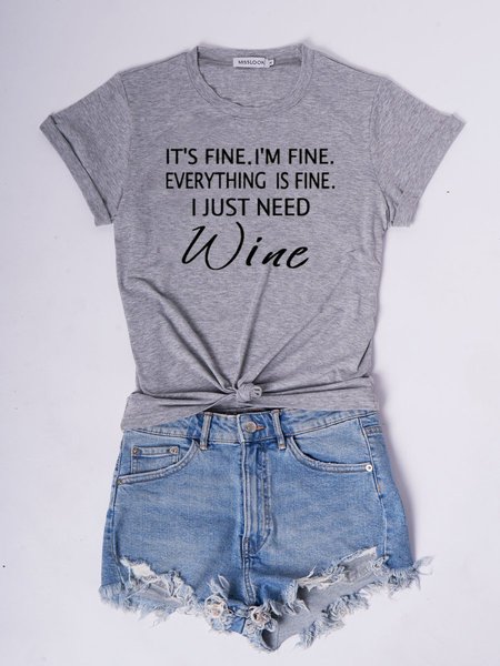 Cotton Short Sleeve Letter T-shirt, Gray, T-shirts