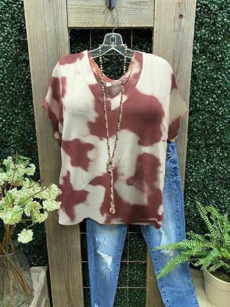 

T-Shirt con Scollo a V Casuale Semplice Graduale, Rosso scuro, T-Shirts