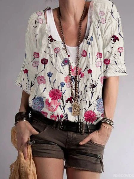 

Top Floreale Casuale di Misto Cotone, Grigio, Blouses & Shirts