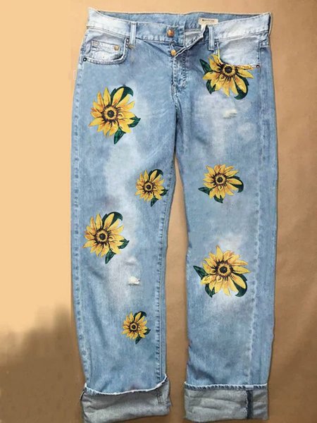 

Women Casual Denim Floral Printed Jeans, Light blue, Pants