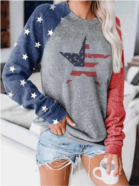 

American Flag Star Print Colorblock Top, Gray, Hoodies & Sweatshirts