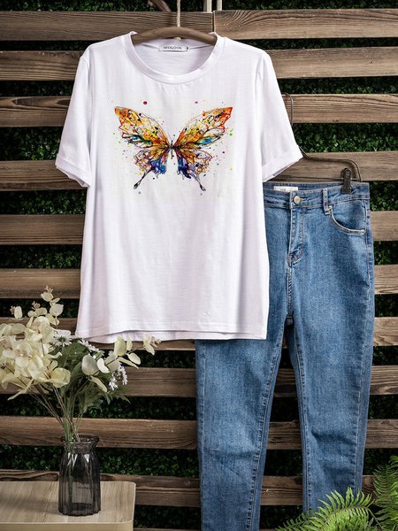 

White Crew Neck Short Sleeve Cotton-Blend T-shirt, T-shirts