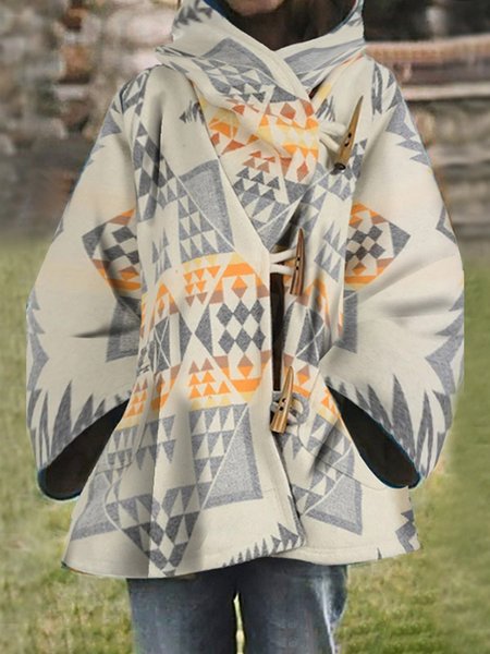 

Hoodie Geometric Printed Long Sleeve Overcoat, As picture, Coats