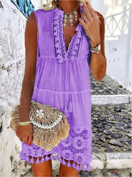 

Vacanza Scollo a V Taglio laser senza maniche Midi Gonna, Viola, Casual Dresses
