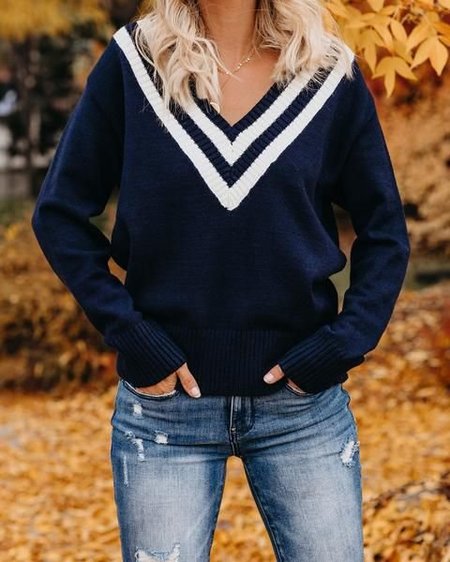 Casuale Colore-block Maniche Lunghe Maglione Blu Intenso a Maglia, Sweater
