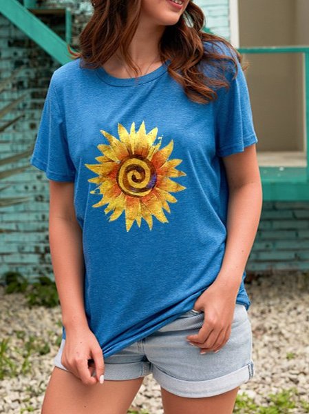 

Sunflower Crew Neck Floral Casual Tee, Blue, T-shirts