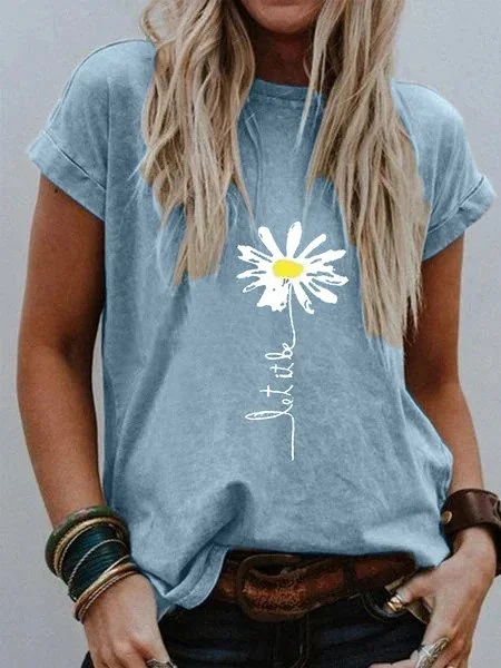 

Women Casual Plain Floral-Print Daisy Crew Neck Short Sleeve Summer T-shirt, Blue, Tees & T-shirts