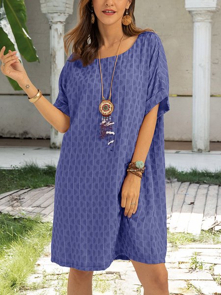 

Deep Blue Geometric Casual Crew Neck Cotton-Blend Weaving Dress, Midi Dresses