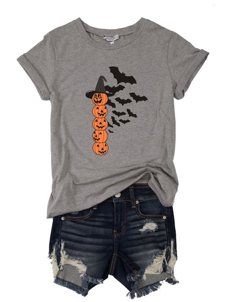 

Gray Floral-Print Cotton-Blend Crew Neck Casual Shirts & Tops, T-shirts