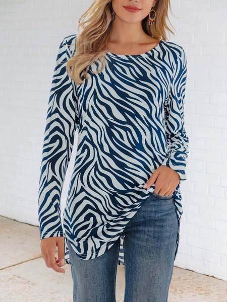 

White-Blue Long Sleeve Crew Neck Top, Tees