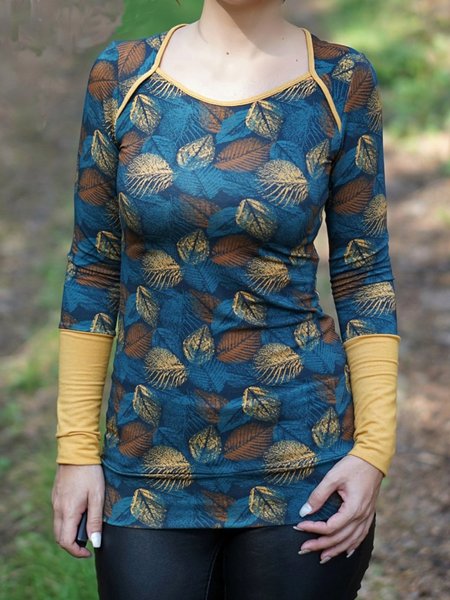

Stampato Girocollo Casuale Top Misto Cotone, Blu, Blouses & Shirts
