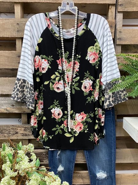 

Casual Floral-Print Cotton-Blend Shirts & Tops, Black, T-Shirts