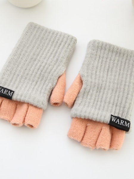 

Women Half-finger Thick Double-layer Woolen Knitted Warm Gloves, Pink-gray, Women Gloves