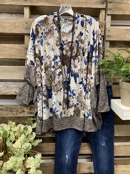 

Top Casuale Scollo a V Stampato Floreale Misto Cotone, Grigio, Blouses & Shirts