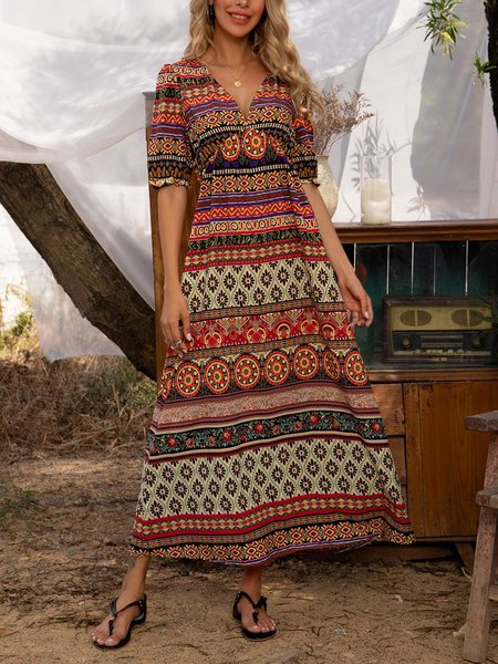 

Red Half Sleeve Tribal Printed Dress, Maxi Dresses