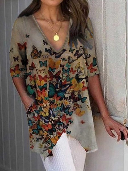 

Top con Scollo a V Stampato Patchwork Casuale, Cachi scuro, Tops