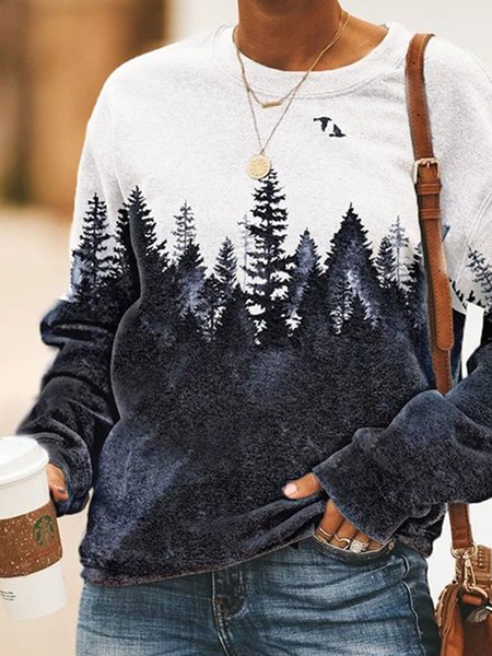 

White-Black Casual Crew Neck Plants Sweatshirt, Tops