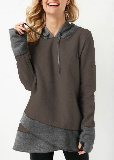 

Hooded Asymmetric Casual Shirt & Top, Brown, Tops