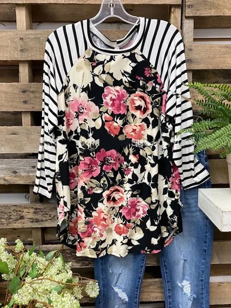 

Stampato Floreale Misto Cotone Maniche Lunghe Casuale Top, Nero, Blouses & Shirts