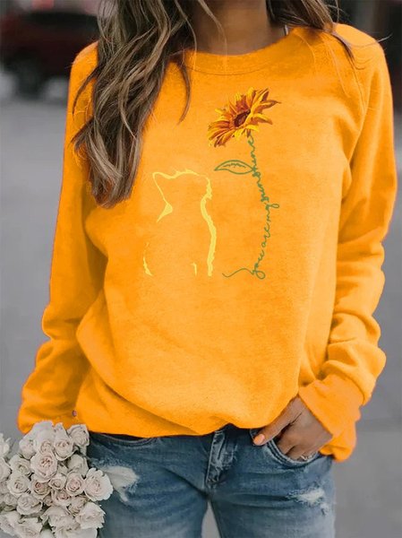 

Maniche Casuale Stampato Lunghe Felpa Misto Cotone, Giallo, Sweater