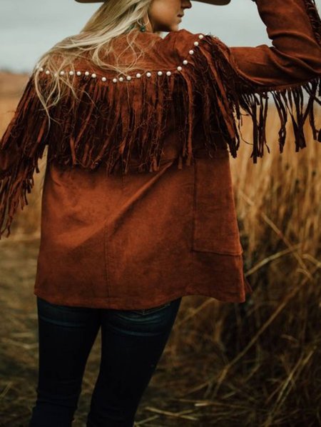 

Brown Beaded Vintage Shirt Collar Shift Jacket, Jackets