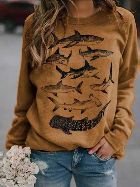 

Cotton Shark Printed Long Sleeve Sweatshirt, Yellow, Hoodies&Sweatshirts
