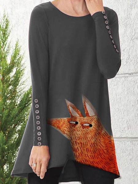 

Printed Cotton-Blend Long Sleeve Weaving Dress, Deep gray, Dresses