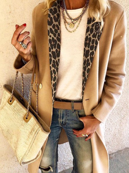 

Long Sleeve Crew Neck Cotton-Blend Geometric Overcoat, Brown, Trench Coats