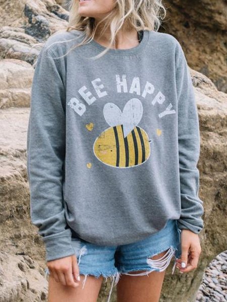 

Gray Long Sleeve Crew Neck Cotton Bee Happy Sweatshirt, Hoodies&Sweatshirts