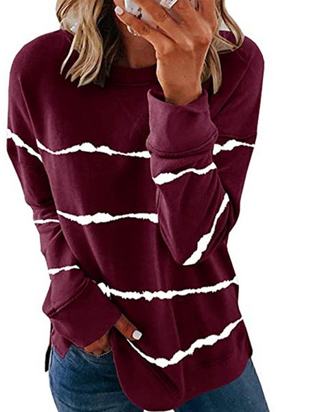 

Round Neck Printed Casual Cotton-Blend T-shirt, Wine red, Long sleeve tops