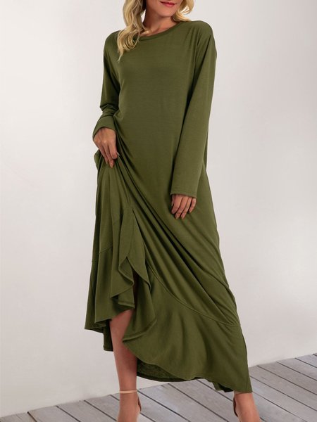 

Olive Green Long Sleeve Crew Neck Maxi Dress, Maxi Dresses